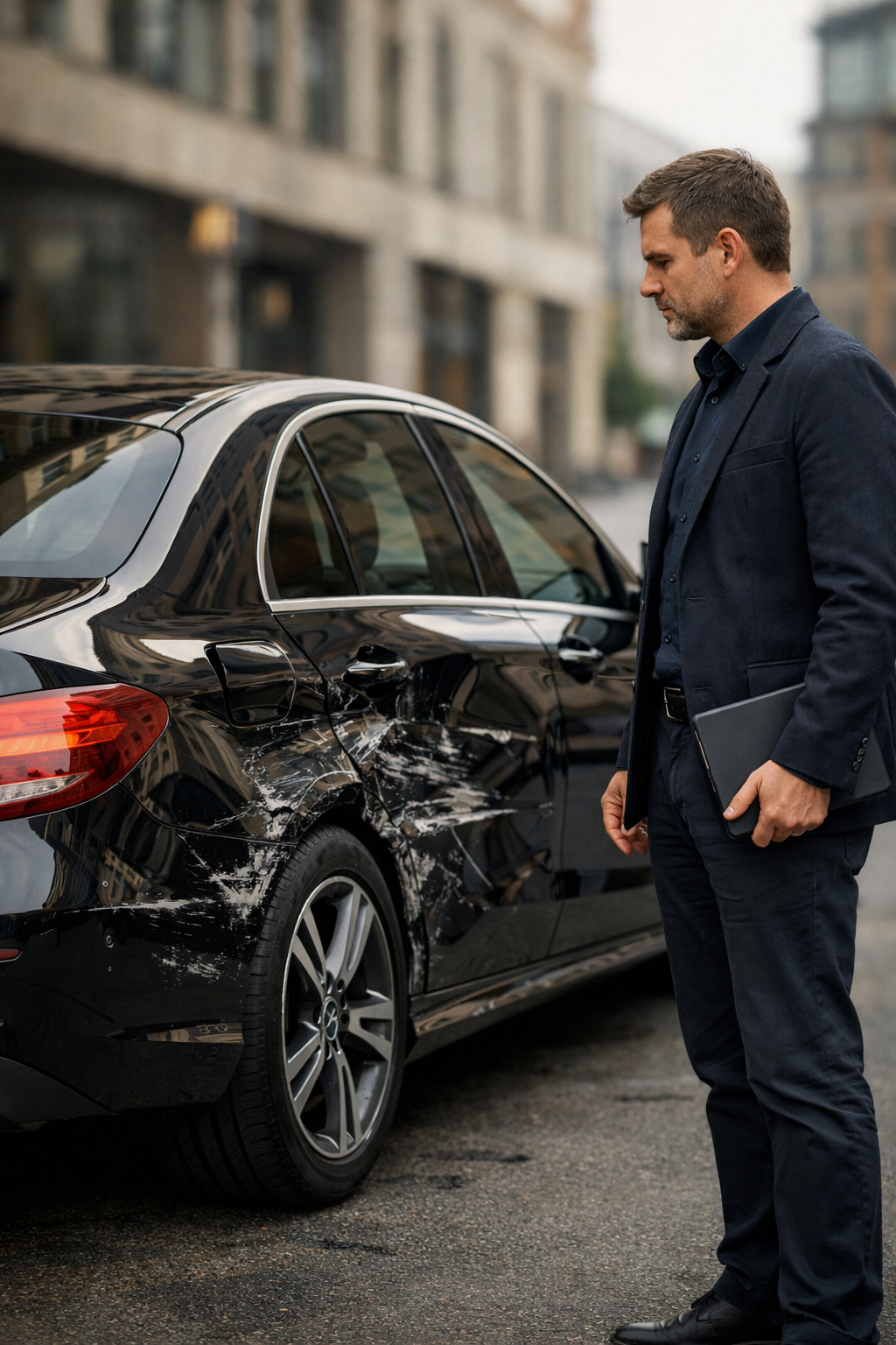 Sachverständiger bei der Beweissicherung an einem beschädigten Fahrzeug