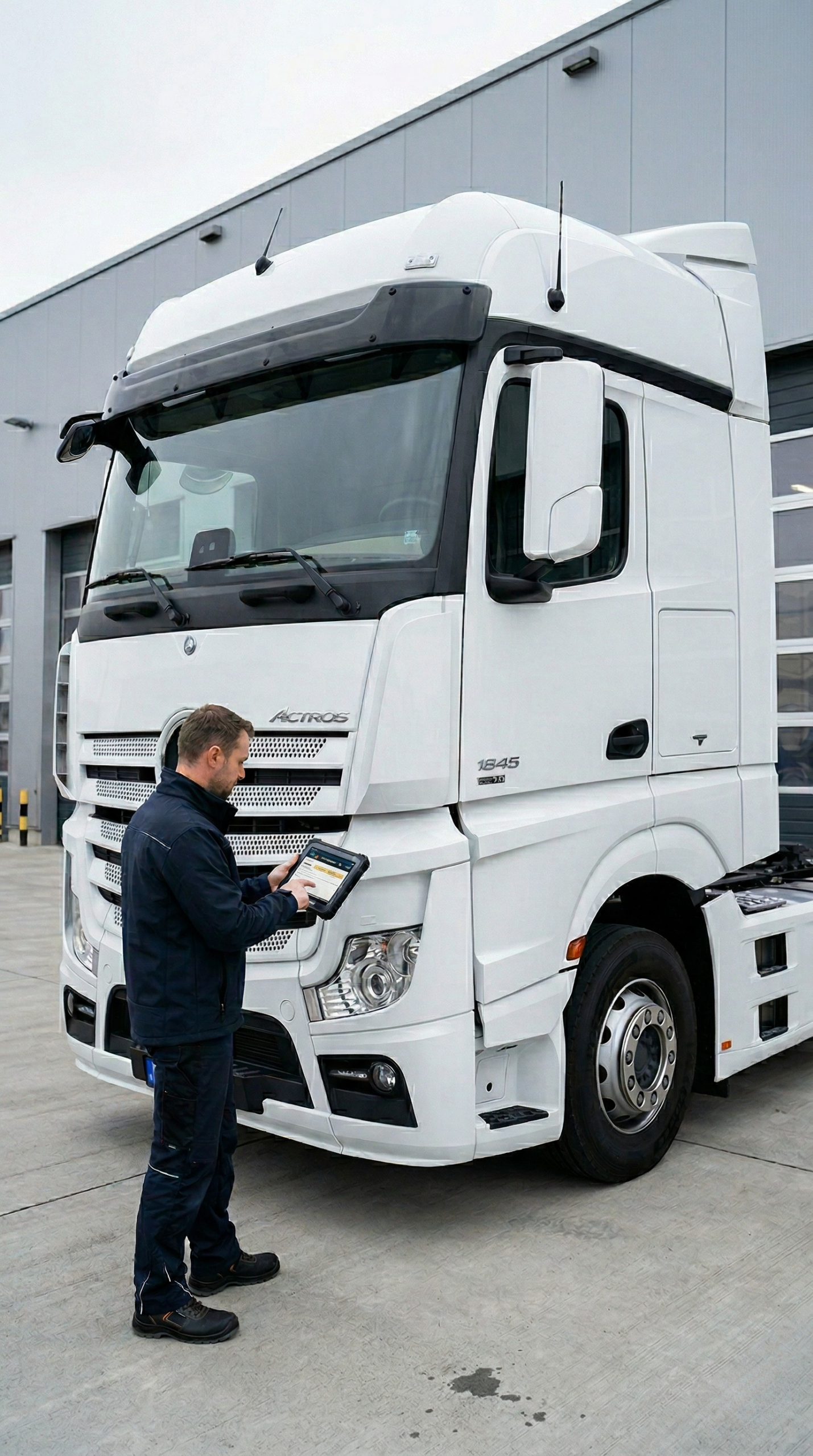 LKW-Gutachter bei der Begutachtung eines Nutzfahrzeugs