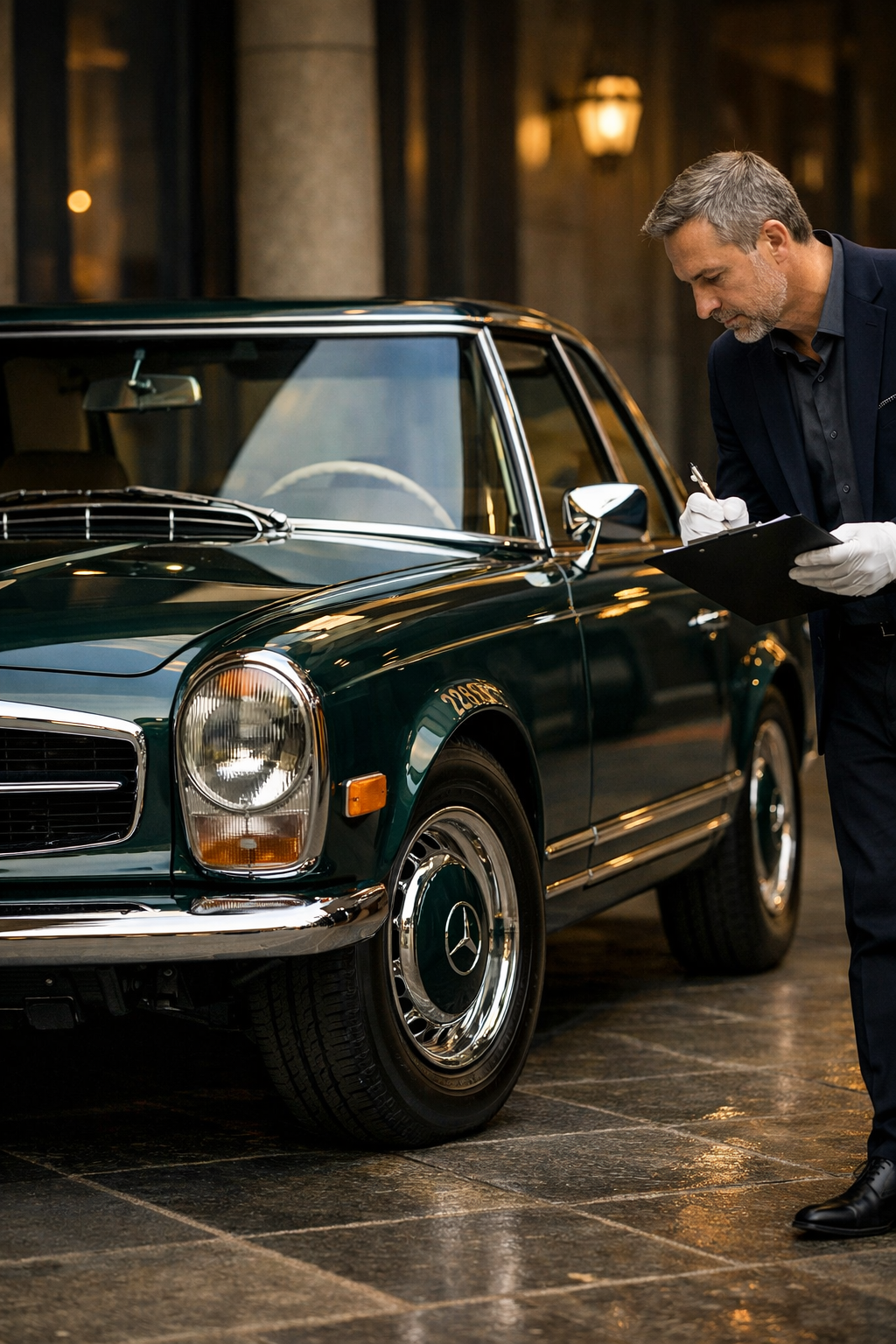 Sachverständiger bei der Oldtimerbewertung eines klassischen Fahrzeugs